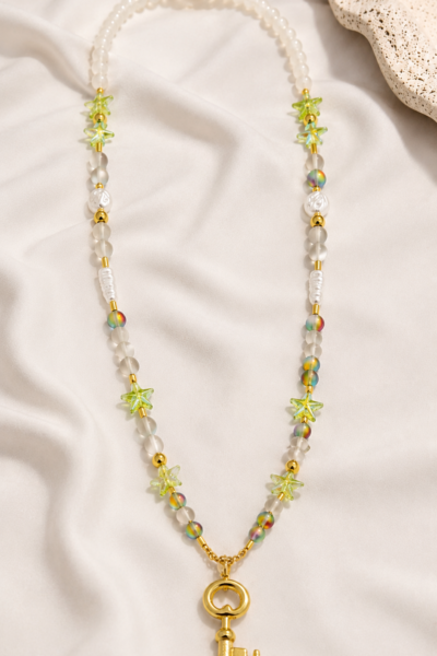 Handmade Colorful Stone Necklace with Stainless Steel Key Pendant