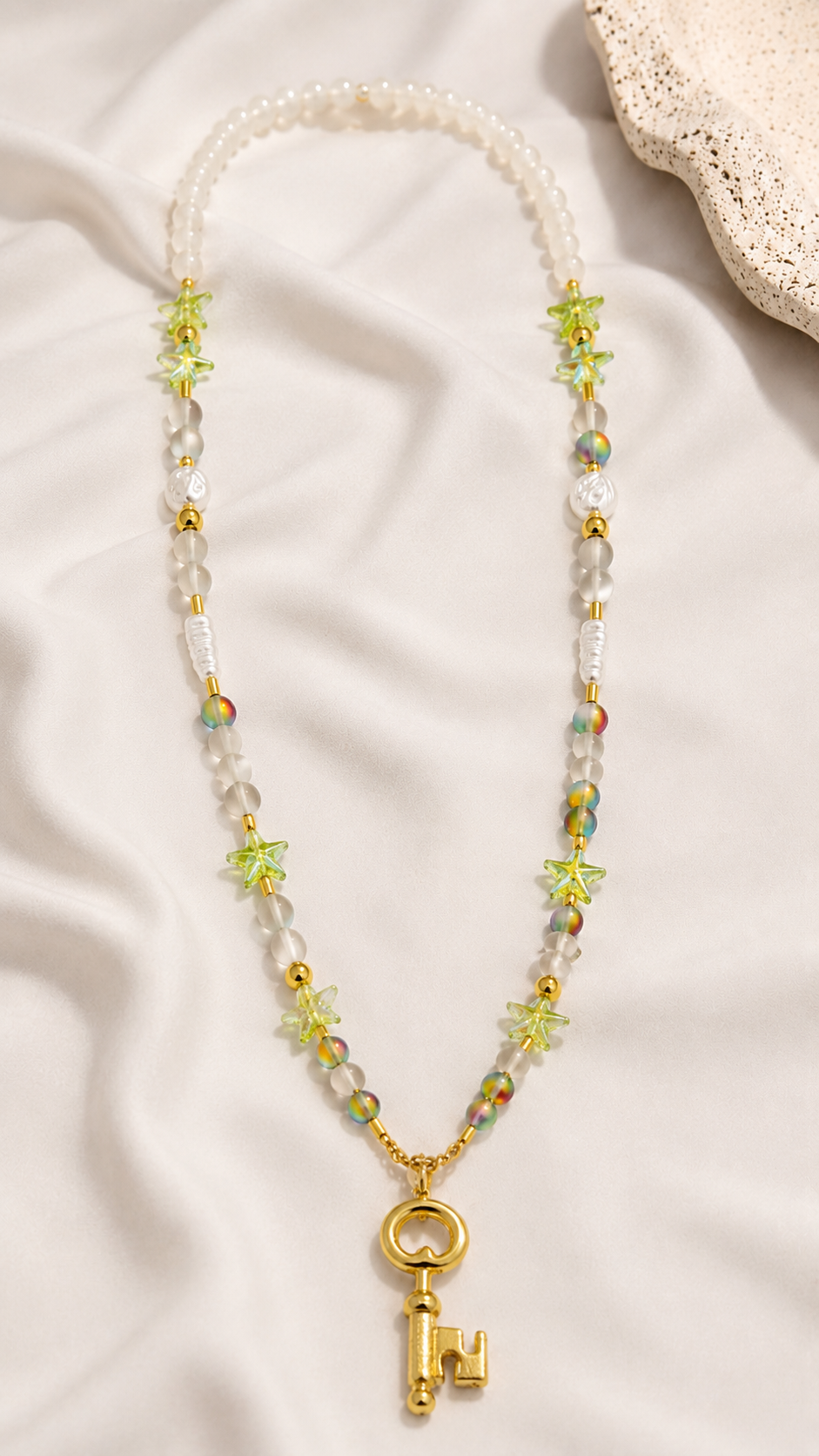 Handmade Colorful Stone Necklace with Stainless Steel Key Pendant