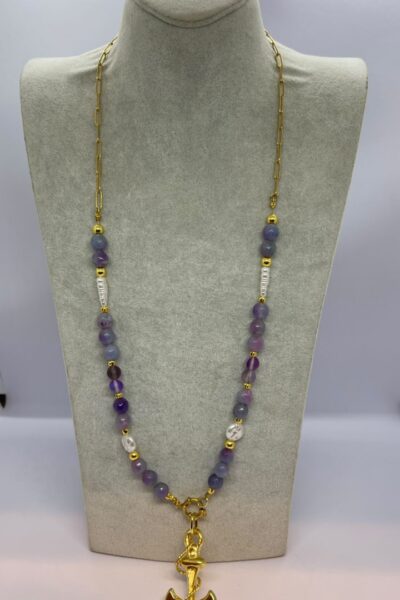 Handmade Colorful Stone Necklace with Stainless Steel Shell Pendant