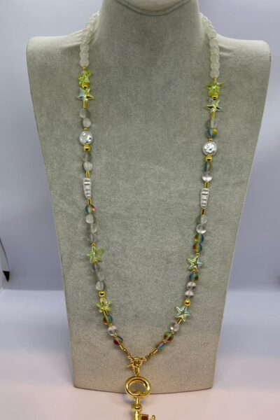 Handmade Colorful Stone Necklace with Stainless Steel Key Pendant