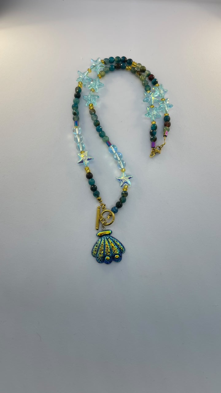 Handmade Ocean Color Stone Necklace with Shell Pendant - Image 2