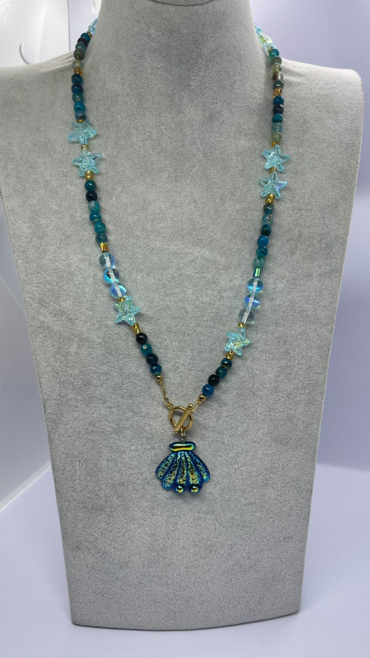 Handmade Ocean Color Stone Necklace with Shell Pendant