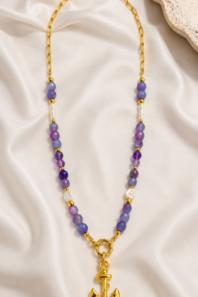 Handmade Colorful Stone Necklace with Stainless Steel Shell Pendant