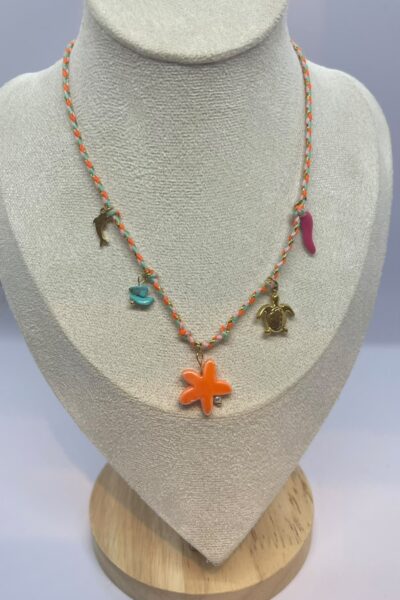 Handmade Colorful Coastal Charm Necklace with Orange Starfish