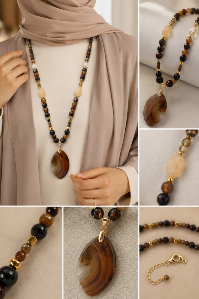 Long Statement Necklace with Agate Pendant