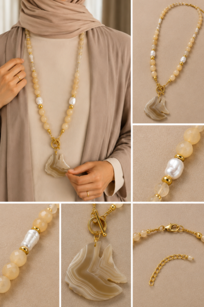 Cream Agate Stone Stainless Steel Necklace with Fish Pendant
