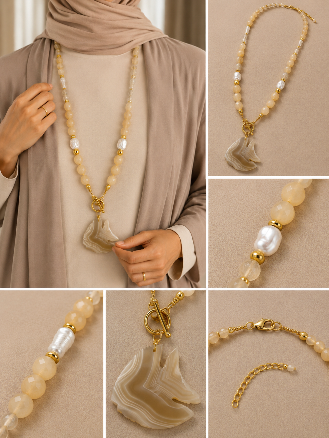 Cream Agate Stone Stainless Steel Necklace with Fish Pendant