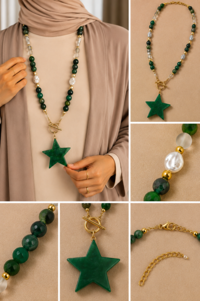 Green Agate Stone Stainless Steel Necklace with Star Pendant
