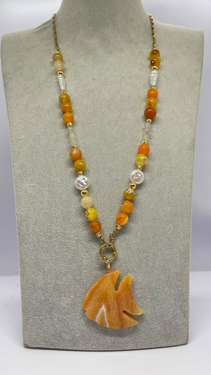 Orange Agate Stone Stainless Steel Necklace with Fish Pendant - Image 2