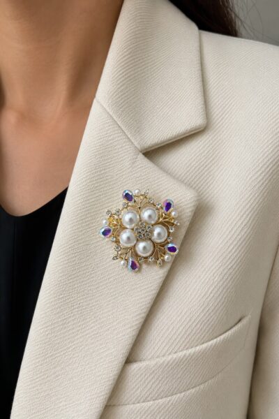 Elegant Pearl & Crystal Floral Brooch