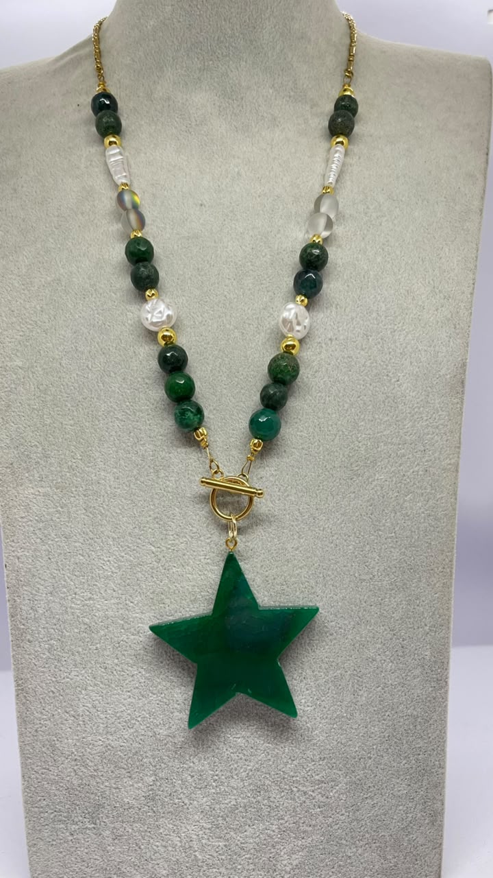 Green Agate Stone Stainless Steel Necklace with Star Pendant - Image 2