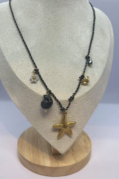 Handmade Black Coastal Charm Necklace with Starfish Pendant