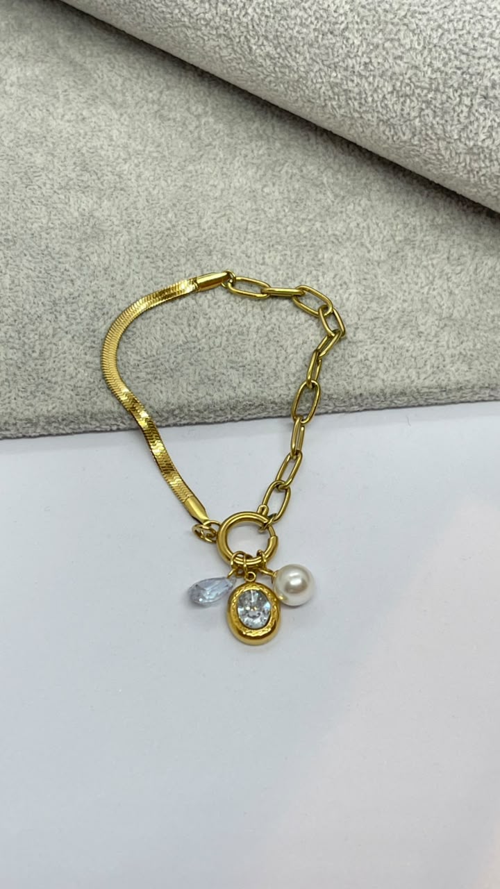 Stainless Steel Charm Bracelet with Pearl & Crystal Pendant - Image 2