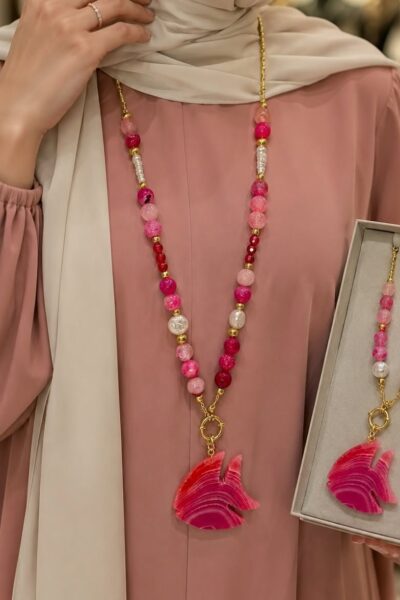 Fuchsia Agate Stone Stainless Steel Necklace with Fish Pendant