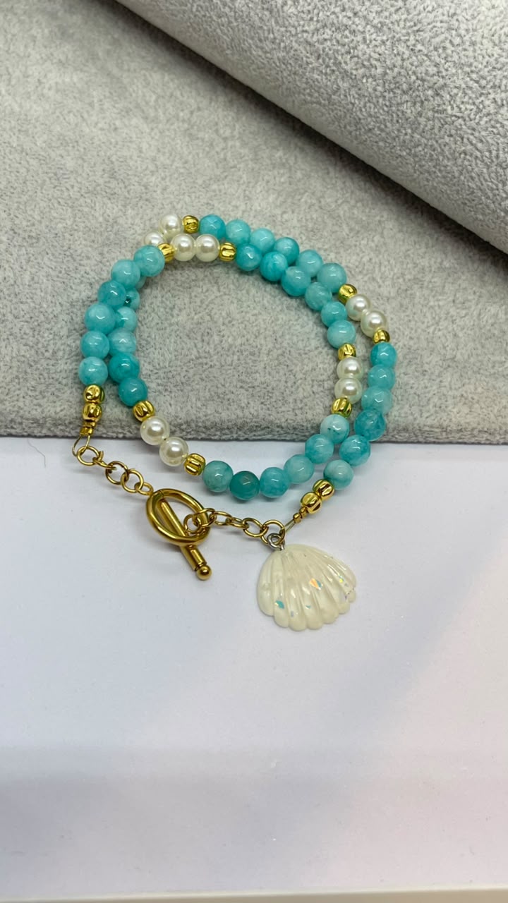 Handmade Mint Green Bracelet with Seashell Charm