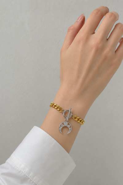 Stainless Steel Crescent Moon Zircon Bracelet