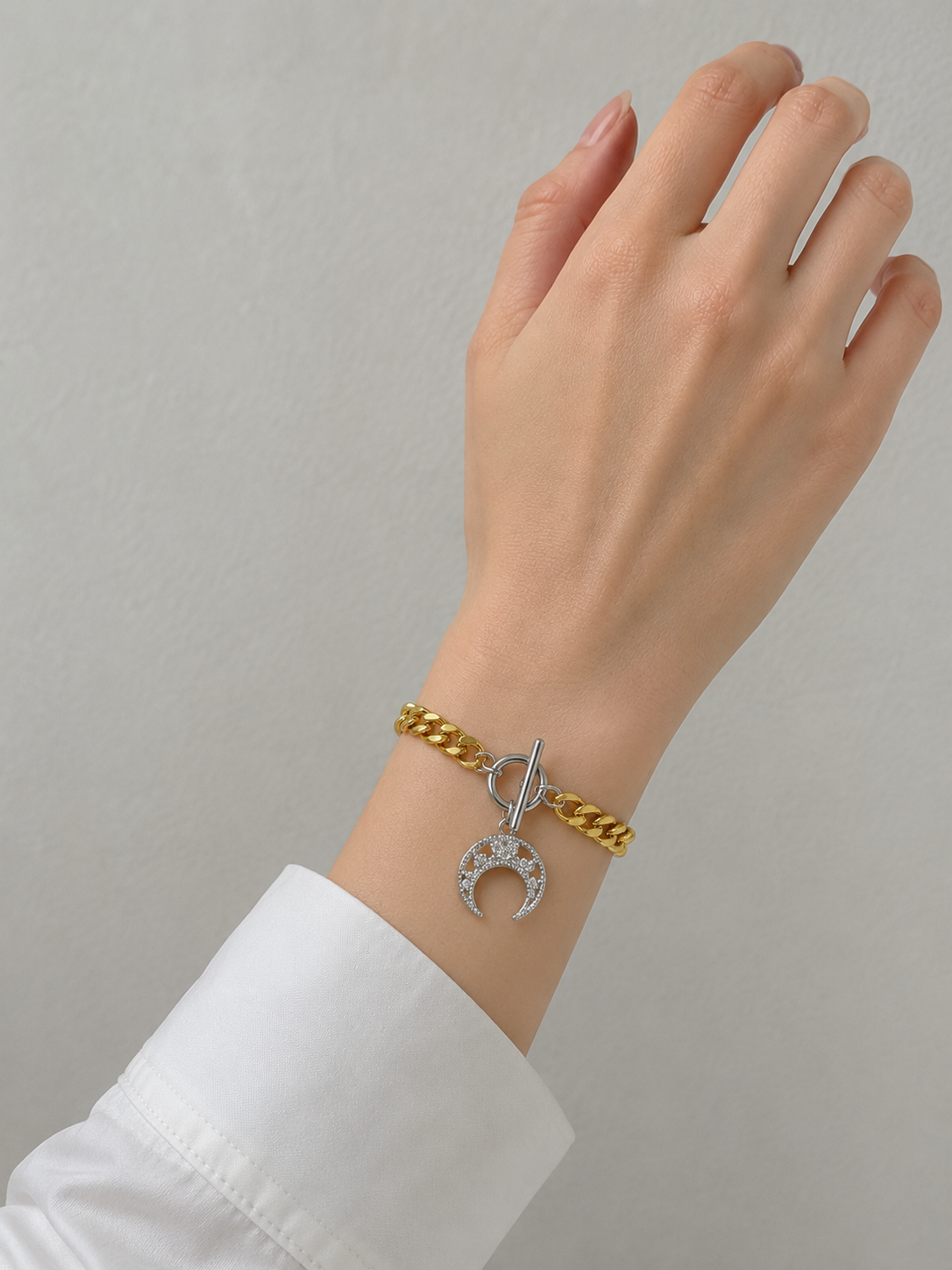 Stainless Steel Crescent Moon Zircon Bracelet