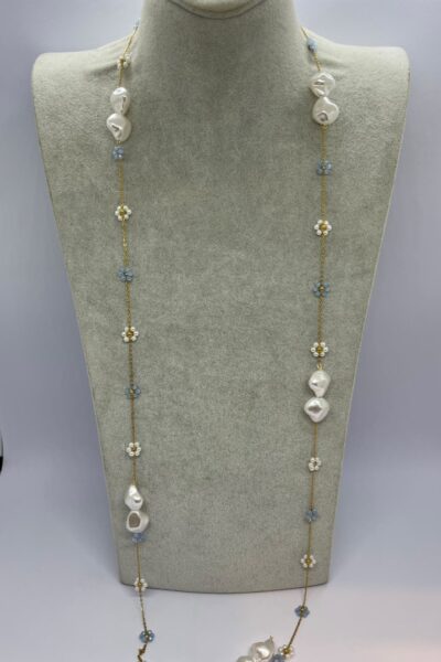 Handmade Daisy & Baroque Pearl Long Necklace