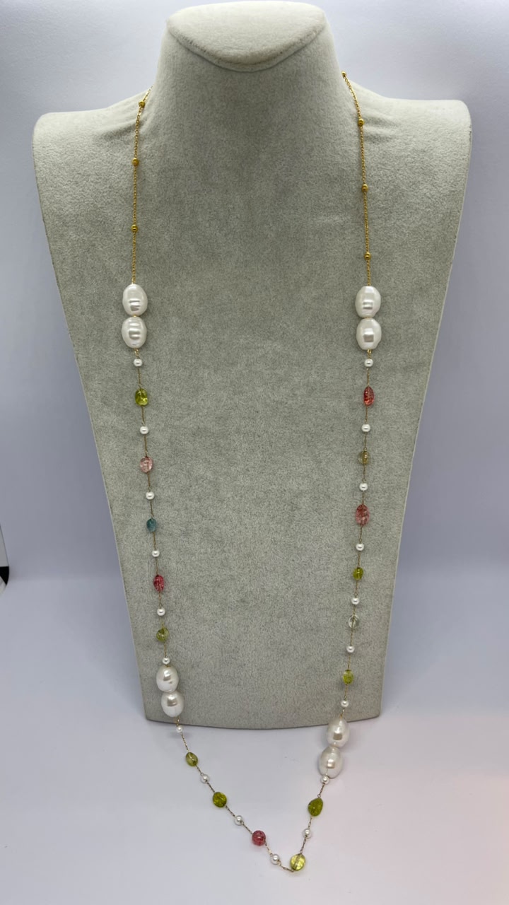 Handmade Colorful Crystal & Baroque Pearl Long Necklace