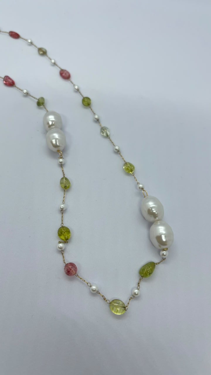 Handmade Colorful Crystal & Baroque Pearl Long Necklace - Image 2