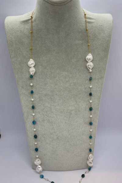 Handmade Ocean Blue Crystal & Baroque Pearl Long Necklace