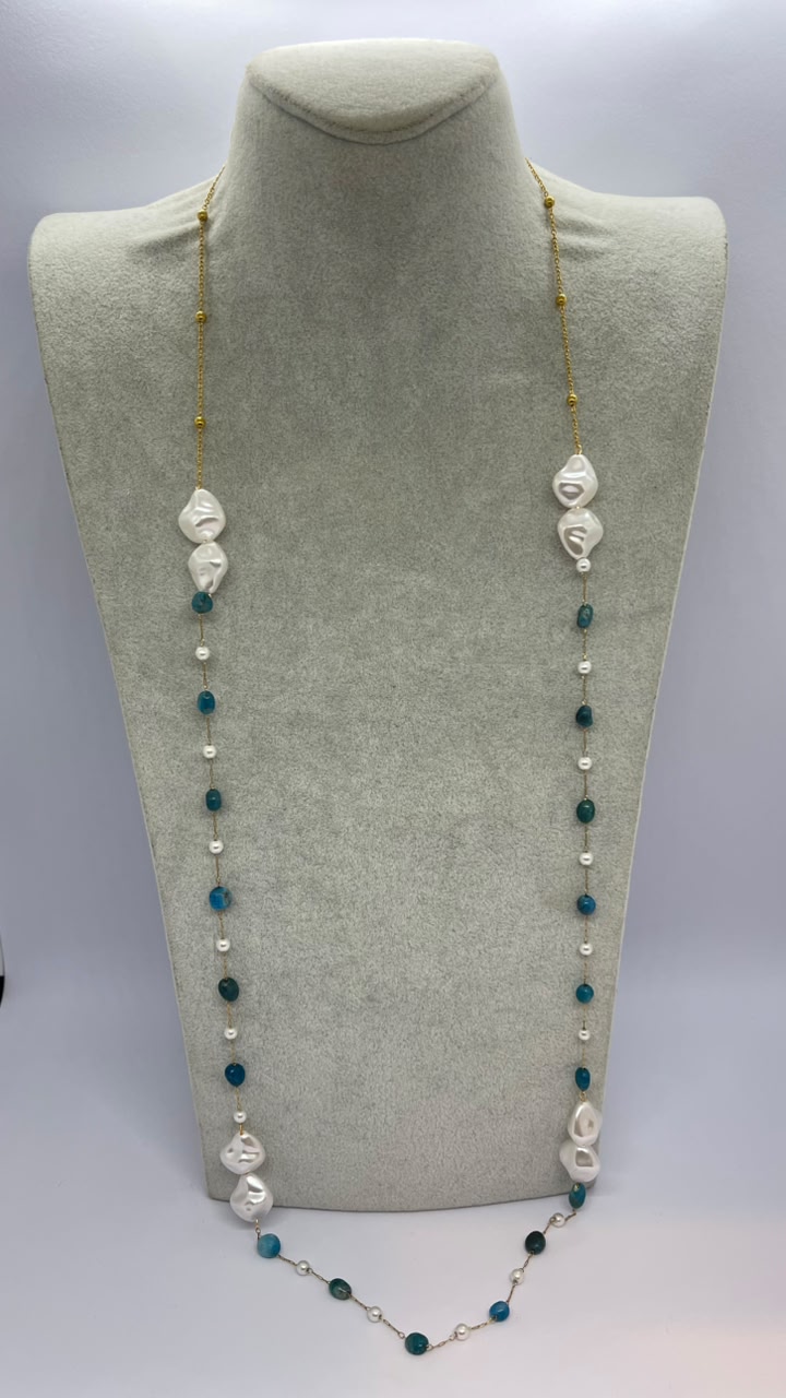 Handmade Ocean Blue Crystal & Baroque Pearl Long Necklace