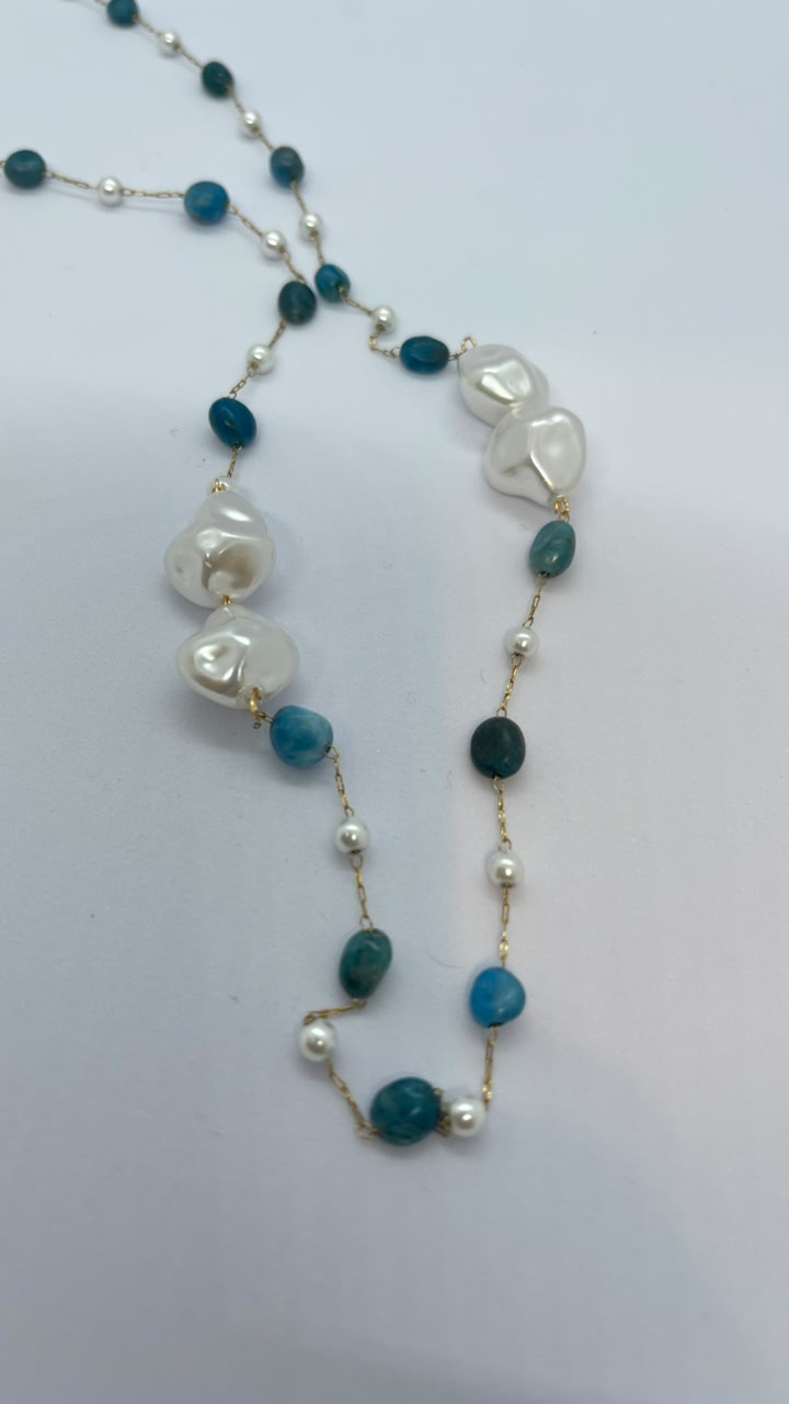 Handmade Ocean Blue Crystal & Baroque Pearl Long Necklace - Image 2