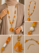 Orange Agate Stone Stainless Steel Necklace with Fish Pendant