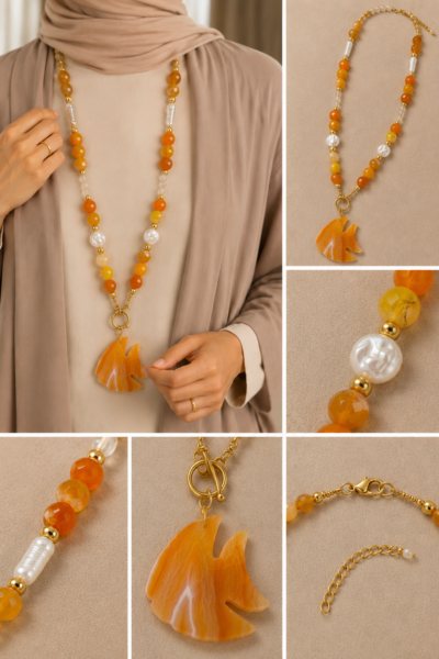 Orange Agate Stone Stainless Steel Necklace with Fish Pendant