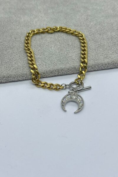 Stainless Steel Crescent Moon Zircon Bracelet