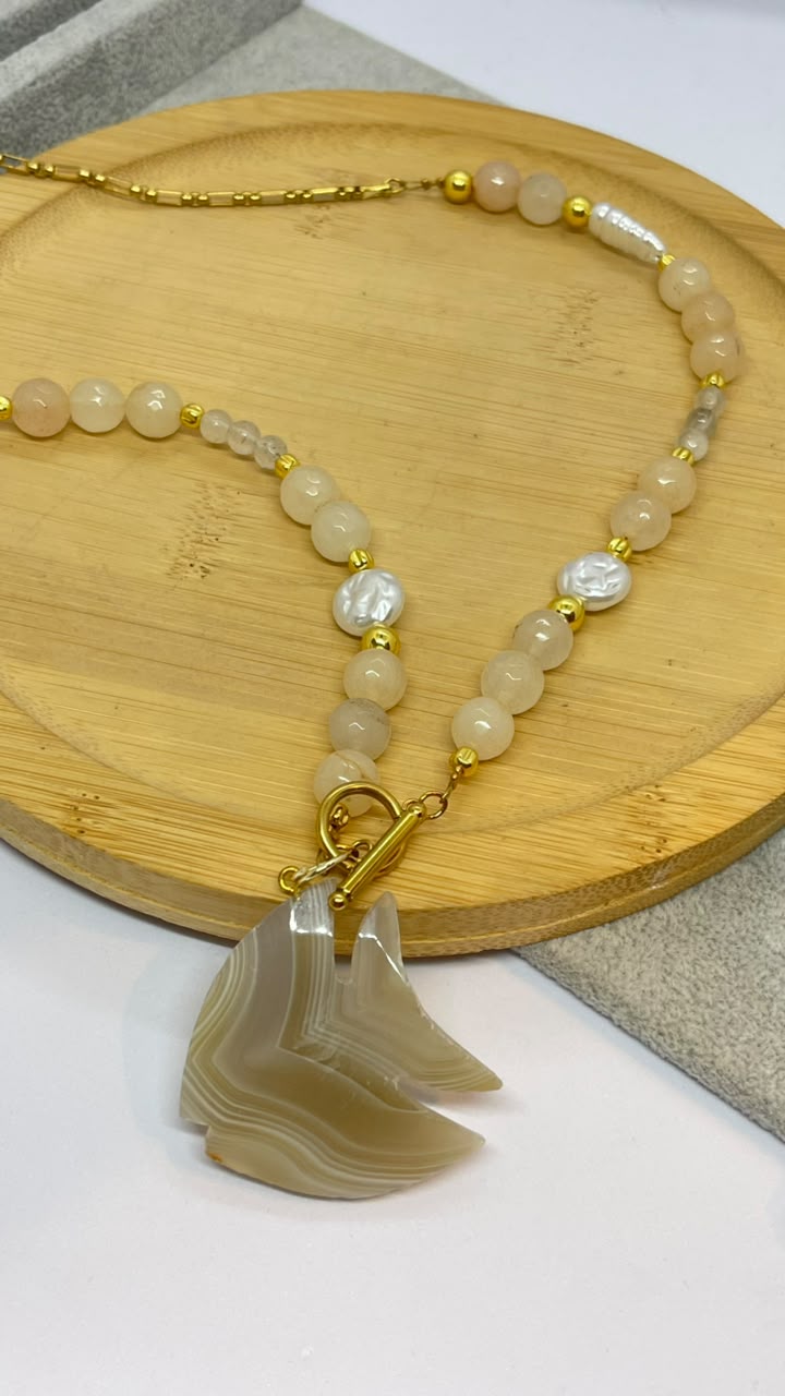 Cream Agate Stone Stainless Steel Necklace with Fish Pendant - Image 2