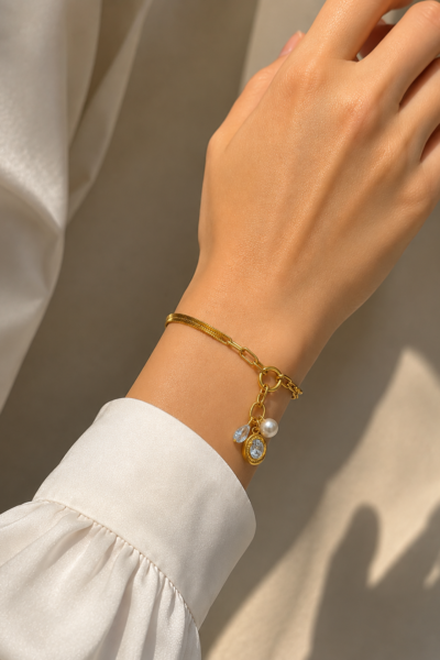 Stainless Steel Charm Bracelet with Pearl & Crystal Pendant