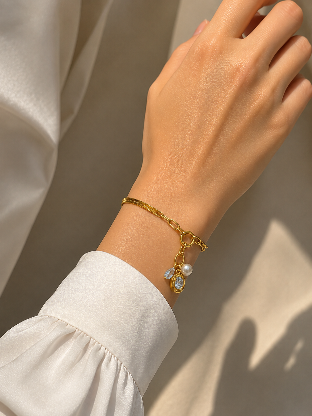 Stainless Steel Charm Bracelet with Pearl & Crystal Pendant