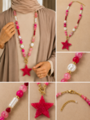 Fuchsia Agate Stone Stainless Steel Necklace with Star Pendant