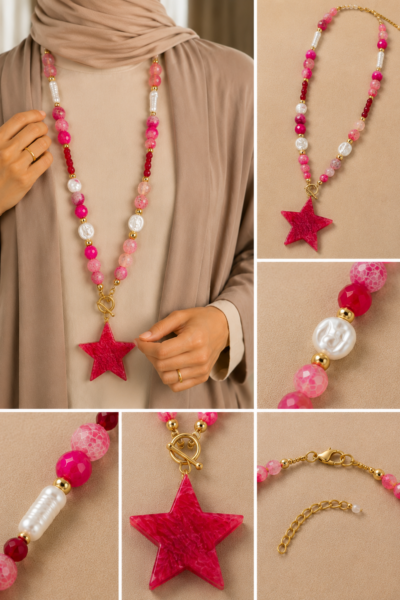 Fuchsia Agate Stone Stainless Steel Necklace with Star Pendant