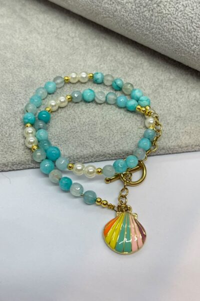 Handmade Mint Green Bracelet with Colorful Seashell Charm