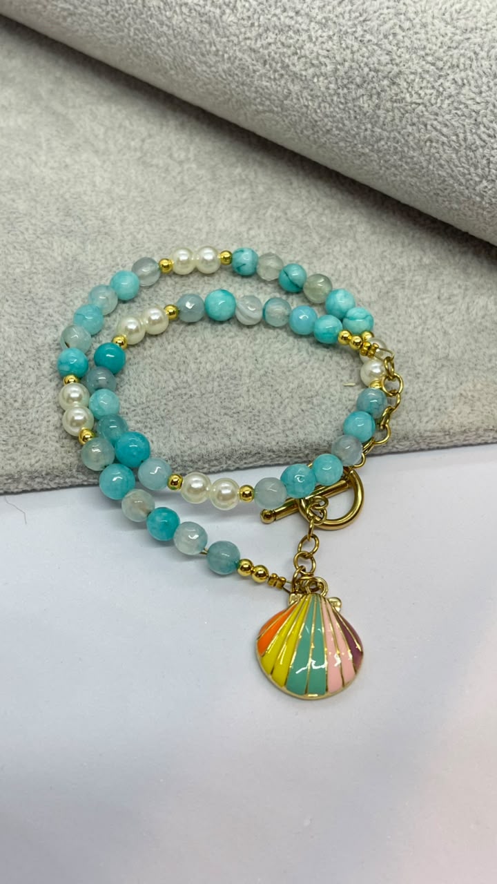 Handmade Mint Green Bracelet with Colorful Seashell Charm