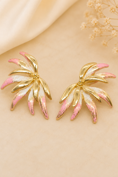 Gold Plated Pink Palm Leaf Earrings