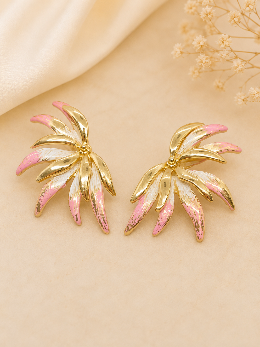Gold Plated Pink Palm Leaf Earrings