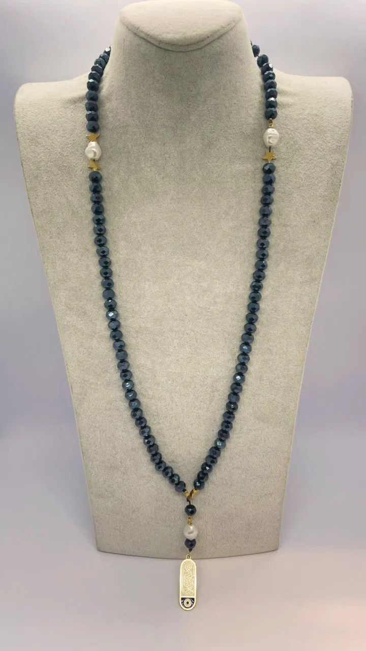Handmade 99 Bead Dark Blue Stone Necklace & Prayer Beads with Blue Pendant
